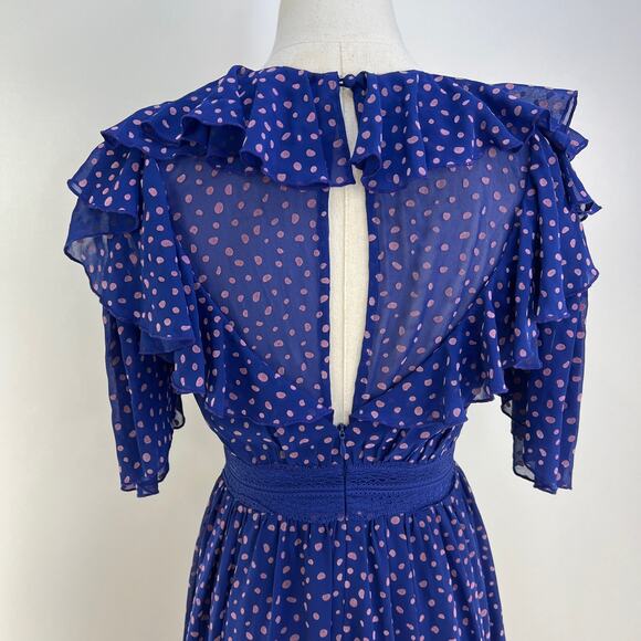 Three Floor Polka Dot Ada Dress Blue Ruffles V Neck Midi - Picture 10 of 12